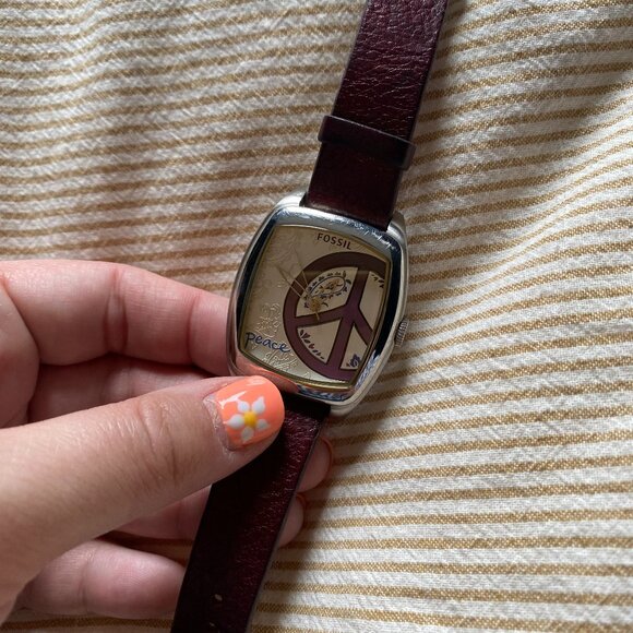 Fossil Peace Sign Watch Purple Leather Strap - Picture 1 of 6